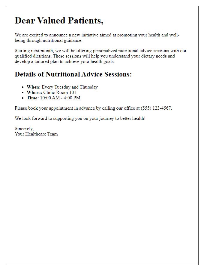 Letter template of nutritional advice announcement for patients.