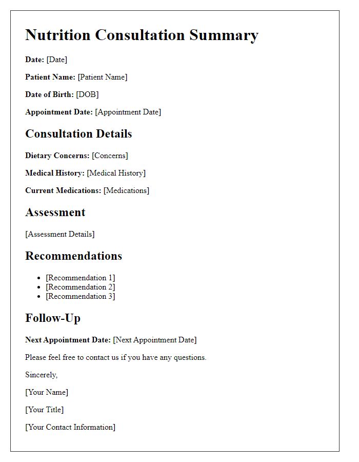 Letter template of patient nutrition consultation summary.