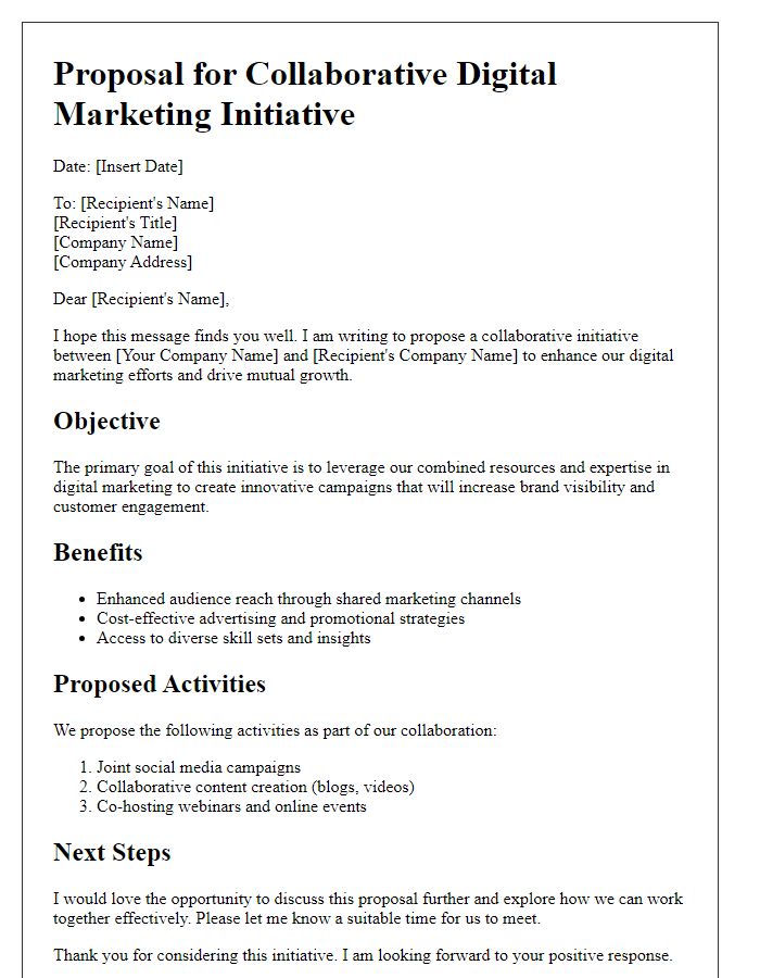 Letter template of initiative proposal for digital marketing team-up