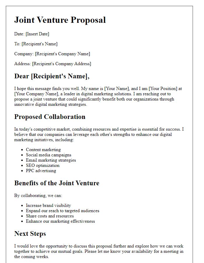 Letter template of joint venture suggestion for digital marketing strategies