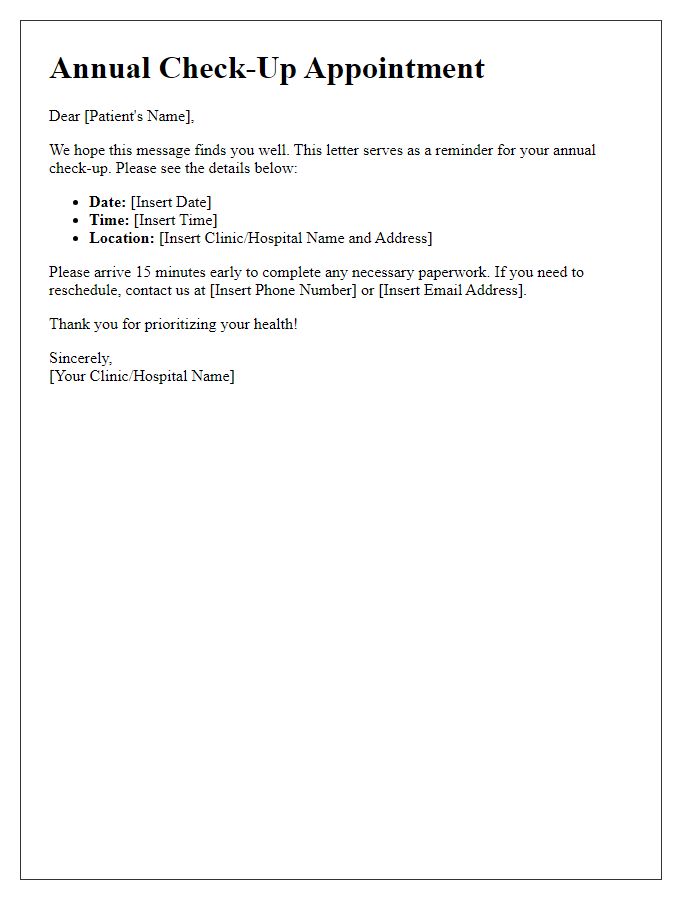 Letter template of annual check-up schedule