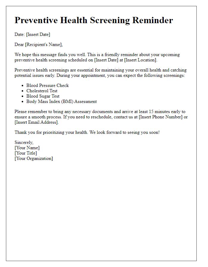 Letter template of preventive health screening reminder