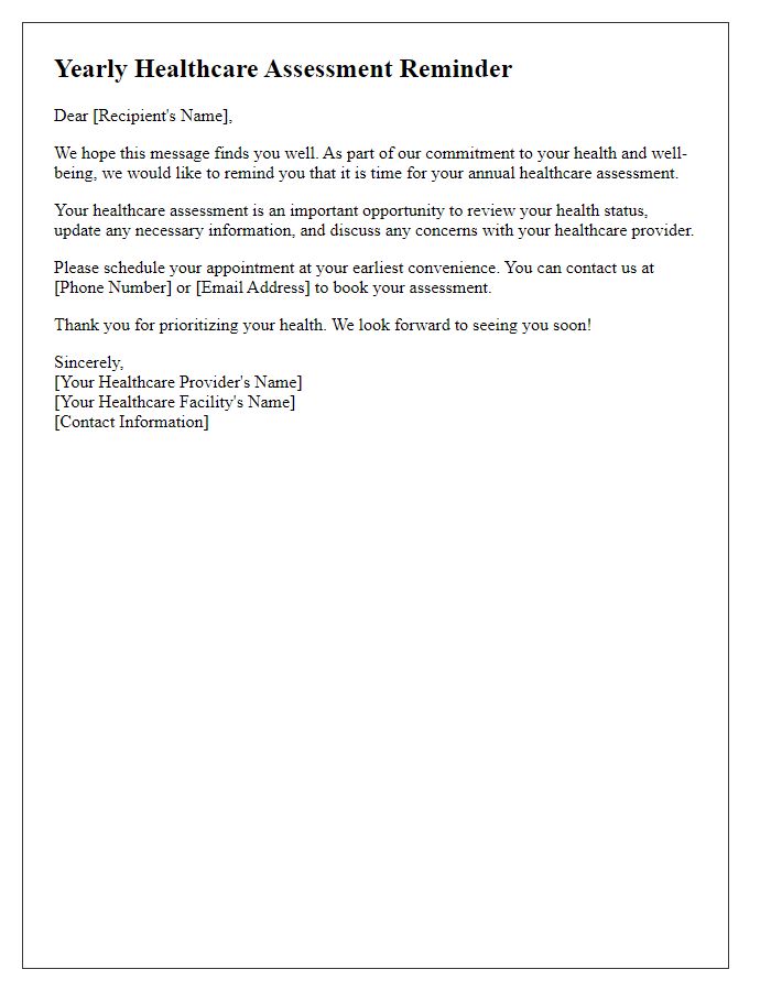 Letter template of yearly healthcare assessment reminder