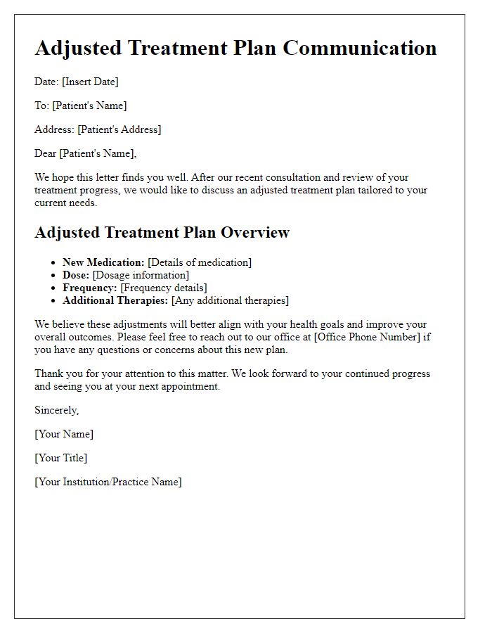 Letter template of adjusted treatment plan communication