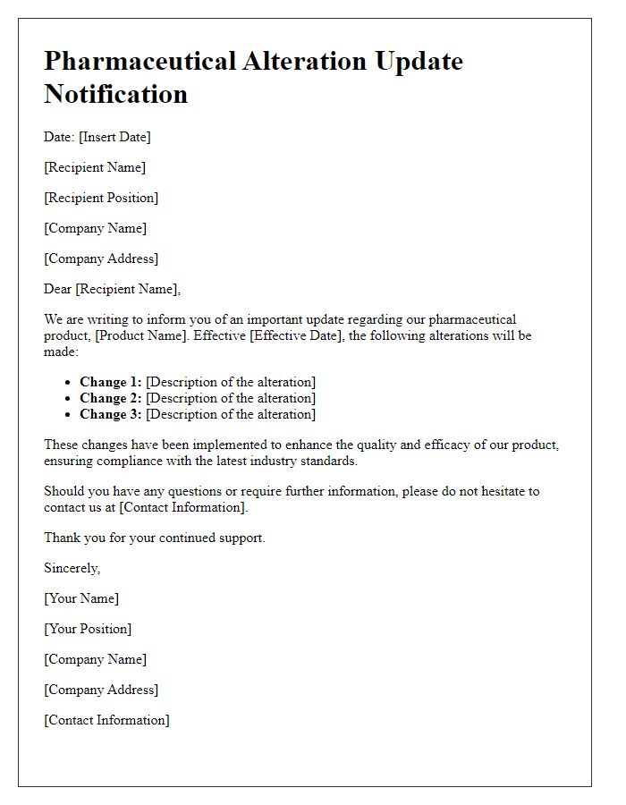 Letter template of pharmaceutical alteration update