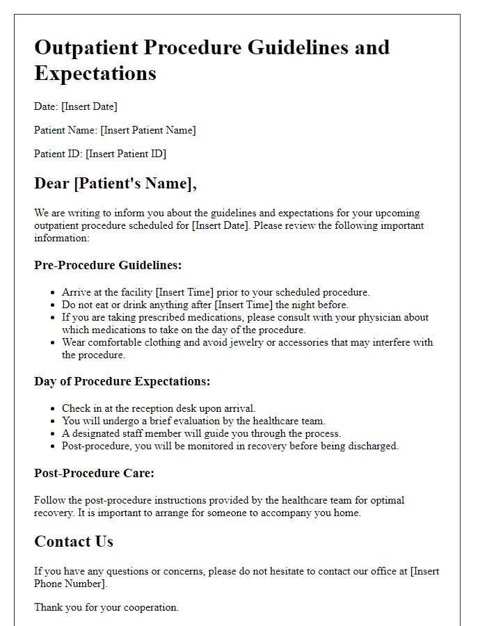 Letter template of outpatient procedure guidelines and expectations