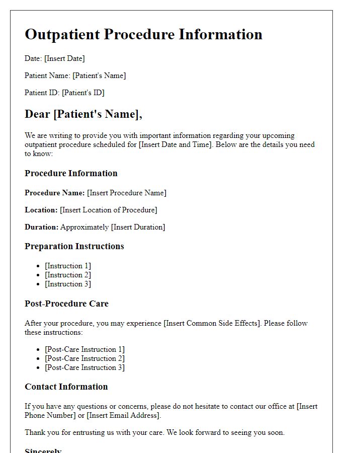 Letter template of outpatient procedure information for patients