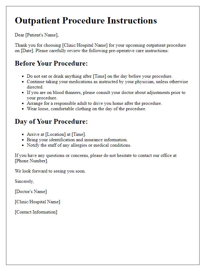 Letter template of outpatient procedure instructions for pre-operative care