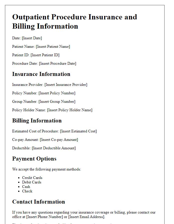 Letter template of outpatient procedure insurance and billing information