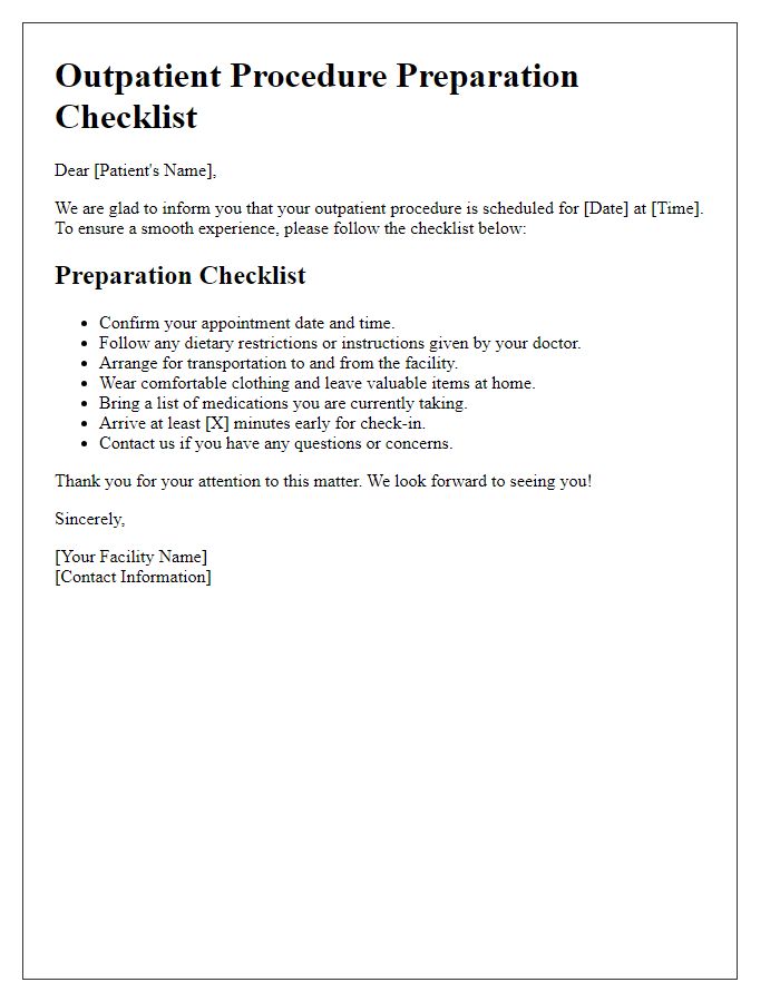 Letter template of outpatient procedure preparation checklist for patients