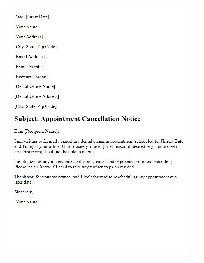 Letter template of cancellation for dental cleaning appointment