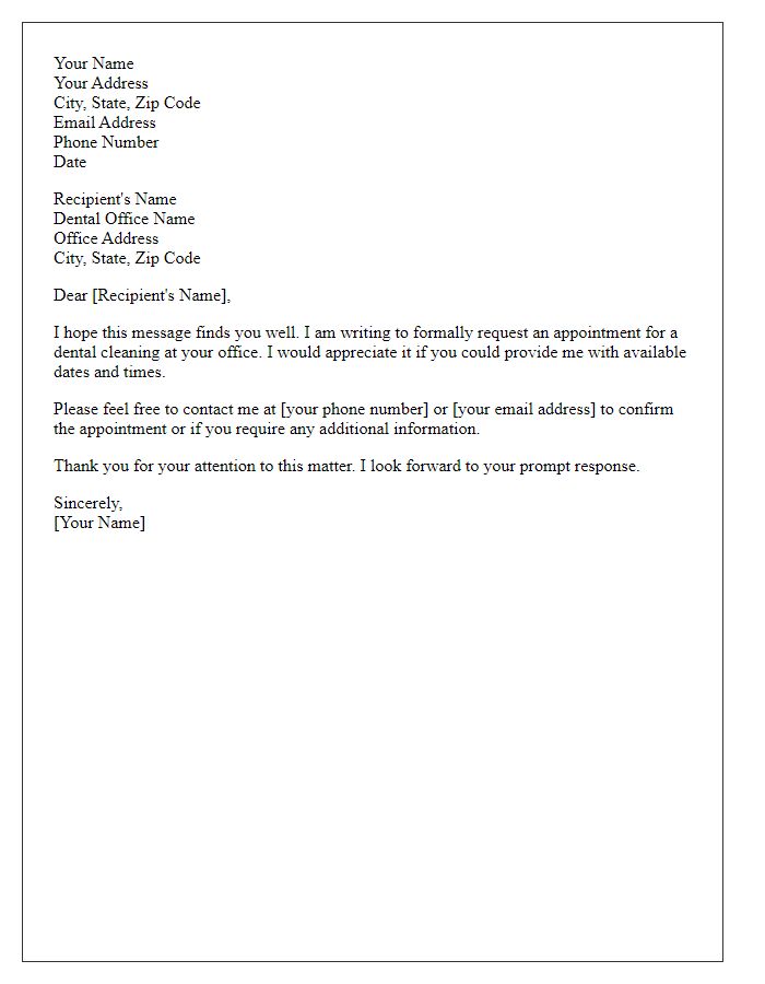 Letter template of formal request for dental cleaning appointment