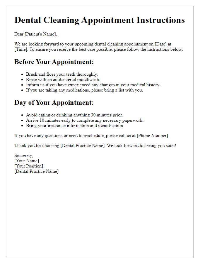 Letter template of pre-appointment dental cleaning instructions