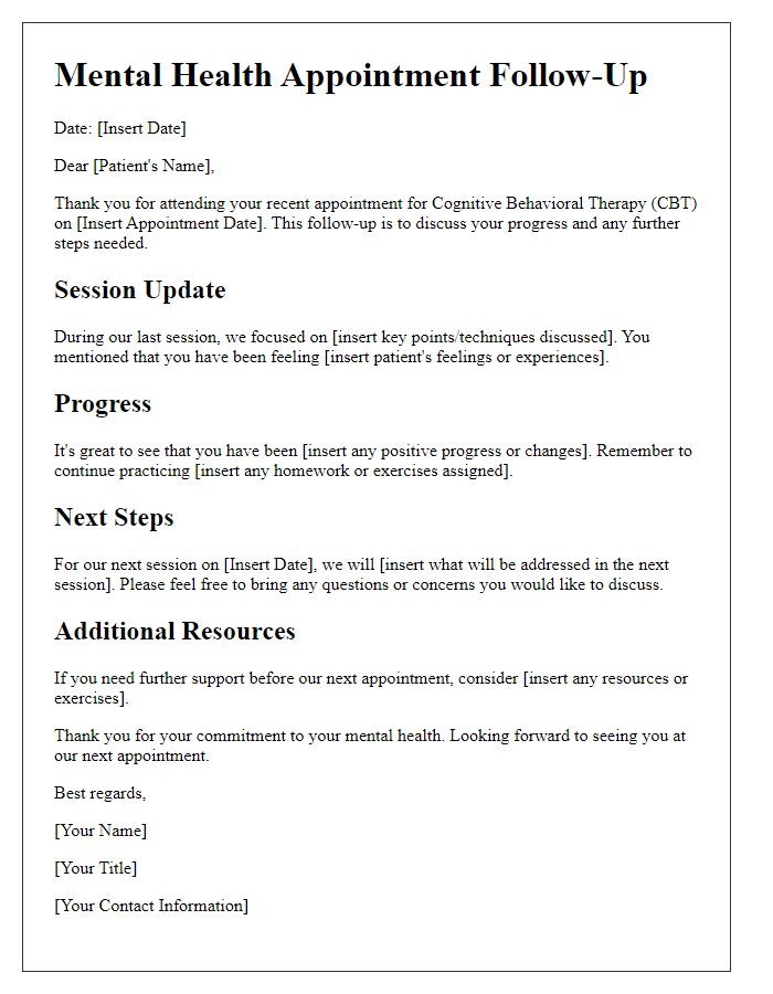 Letter template of mental health appointment follow-up for cognitive behavioral therapy update.