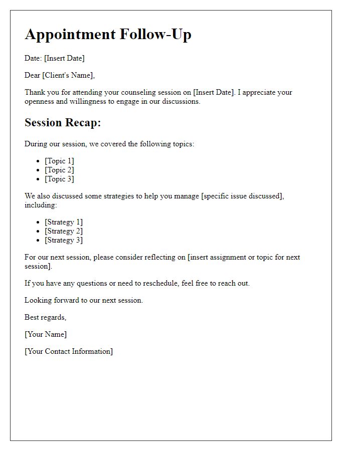 Letter template of mental health appointment follow-up for counseling session recap.