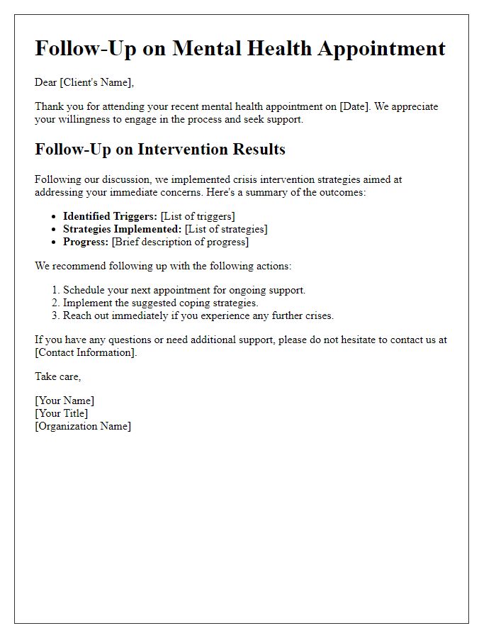 Letter template of mental health appointment follow-up for crisis intervention results.