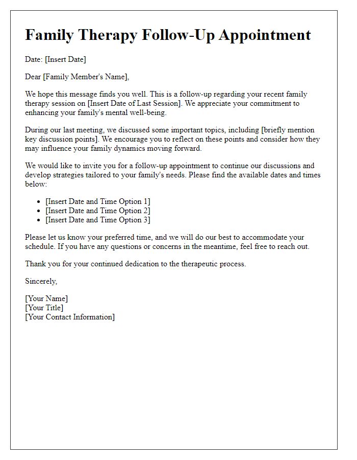 Letter template of mental health appointment follow-up for family therapy discussion.