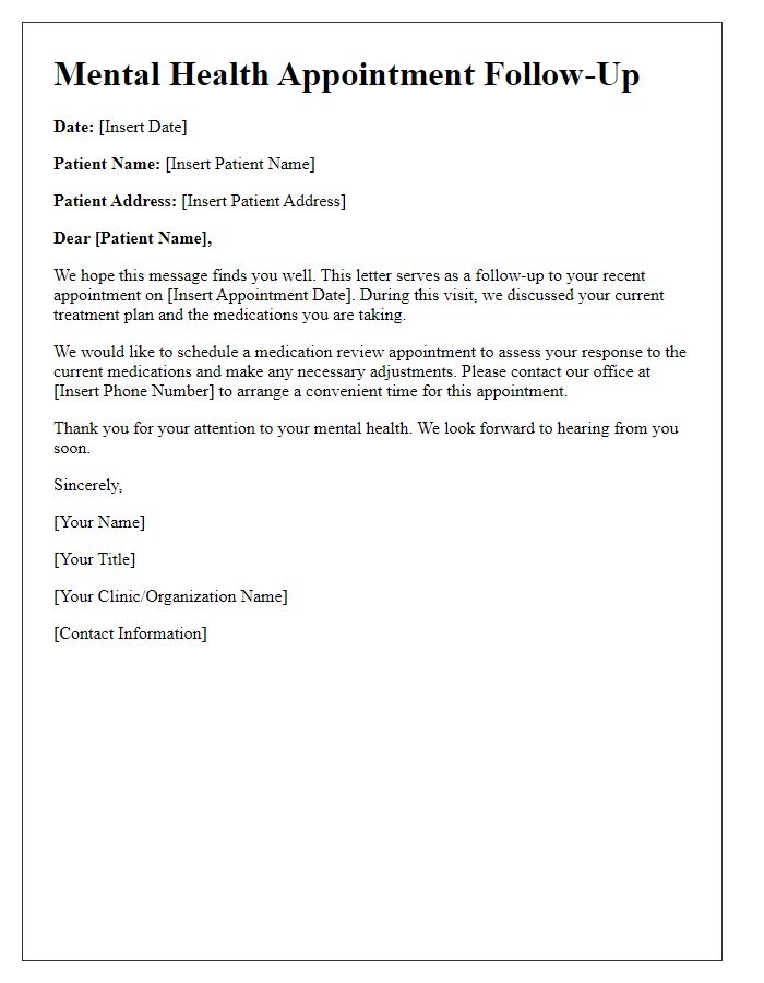 Letter template of mental health appointment follow-up for medication review.