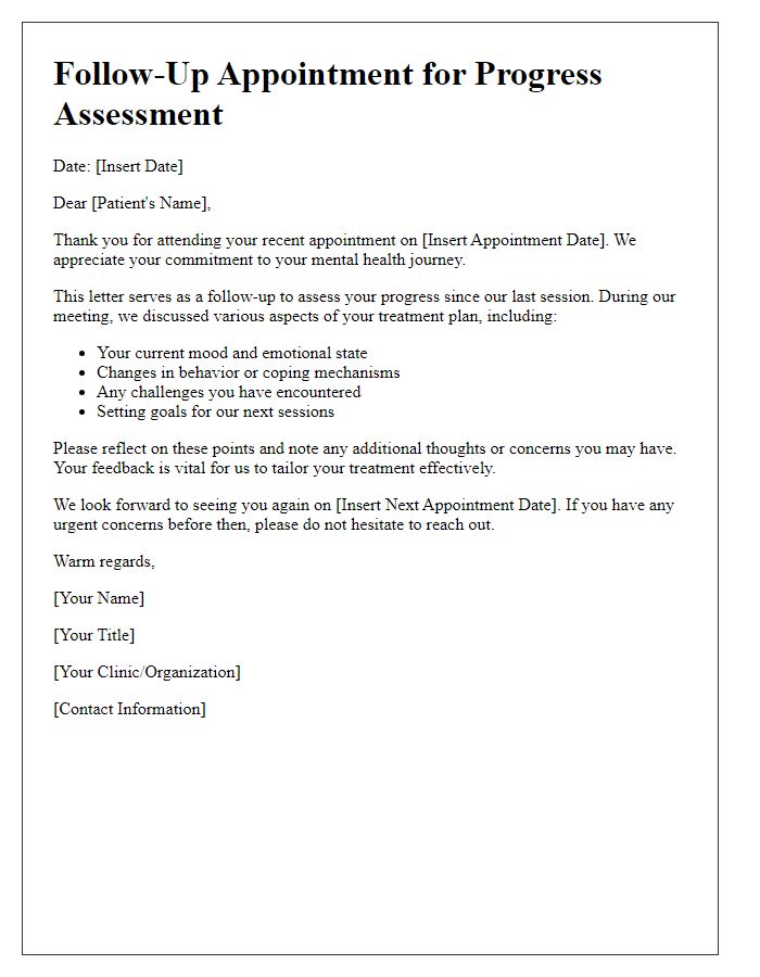 Letter template of mental health appointment follow-up for progress assessment.