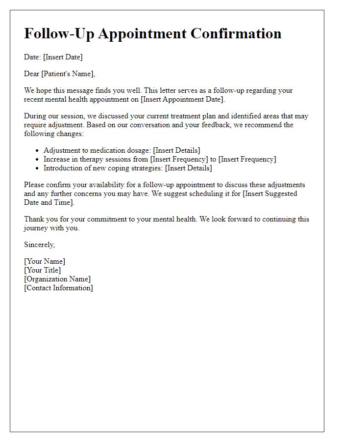 Letter template of mental health appointment follow-up for treatment plan adjustment.