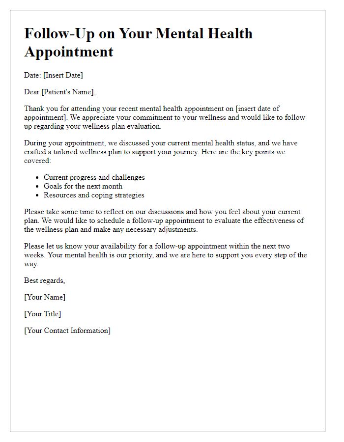 Letter template of mental health appointment follow-up for wellness plan evaluation.