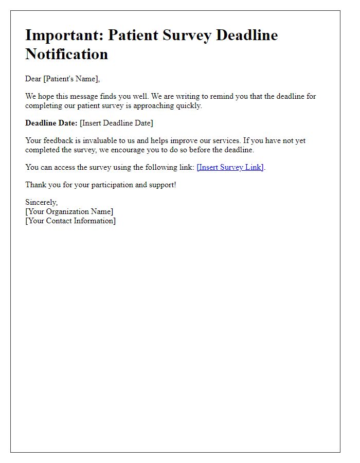 Letter template of deadline notification for patient survey