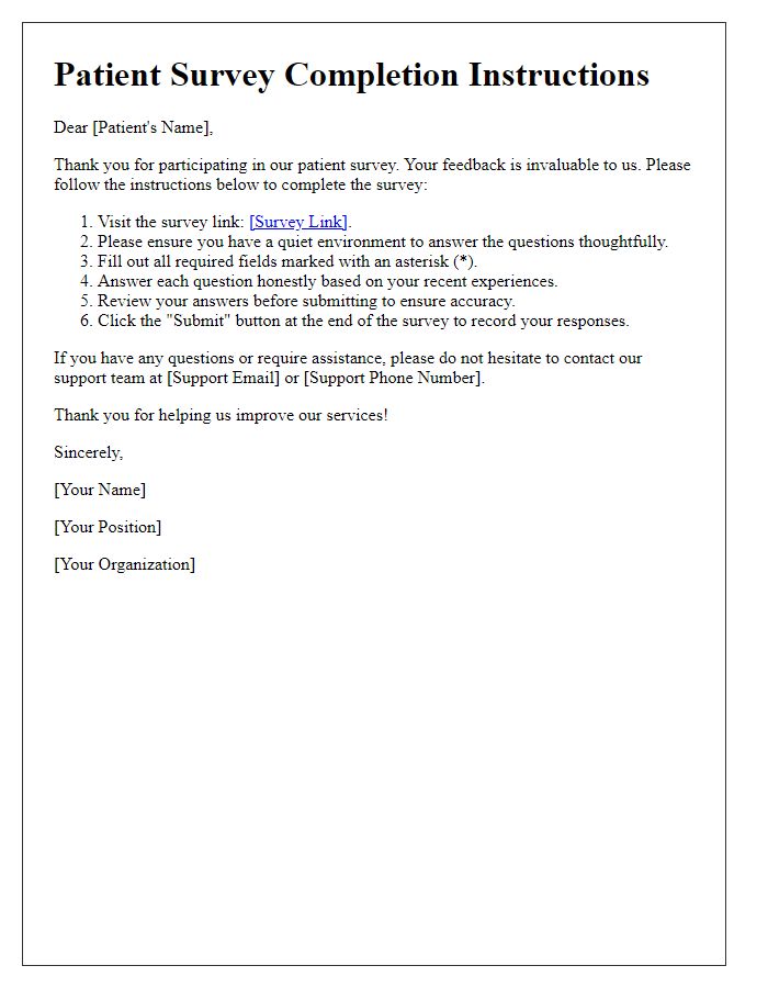 Letter template of instructions for completing the patient survey