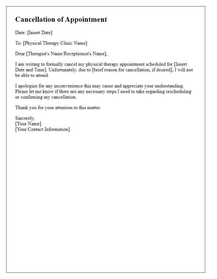 Letter template of cancellation of physical therapy appointment