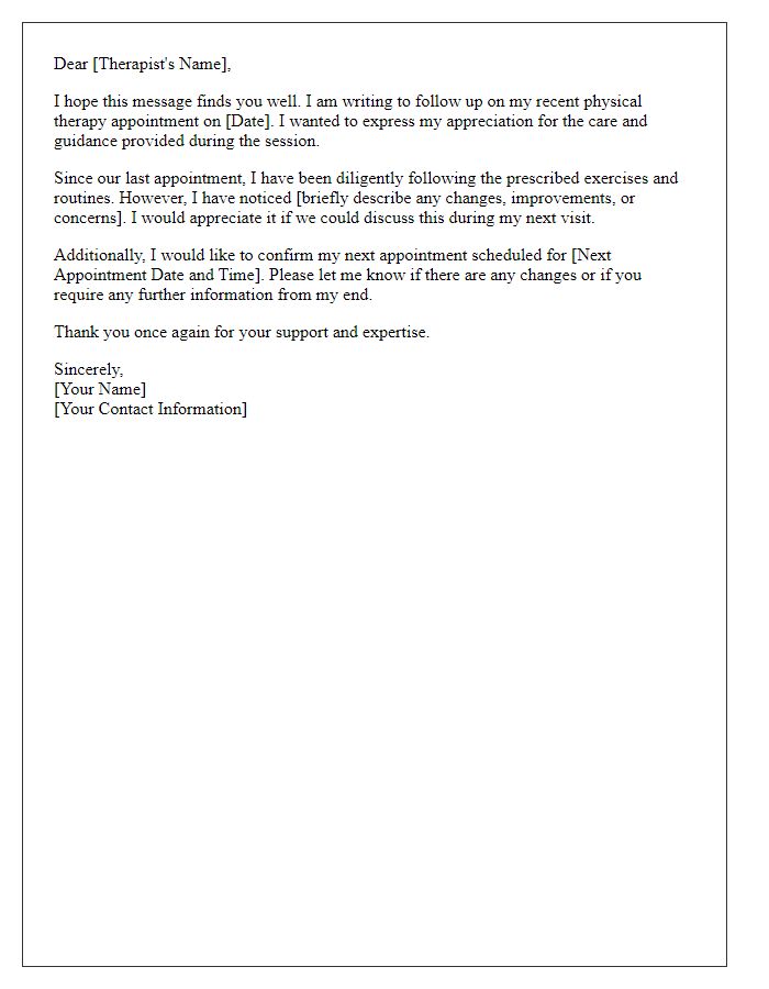 Letter template of follow-up for physical therapy appointment