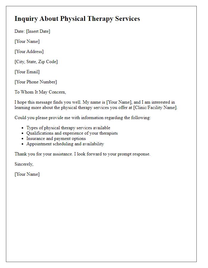 Letter template of inquiry about physical therapy services