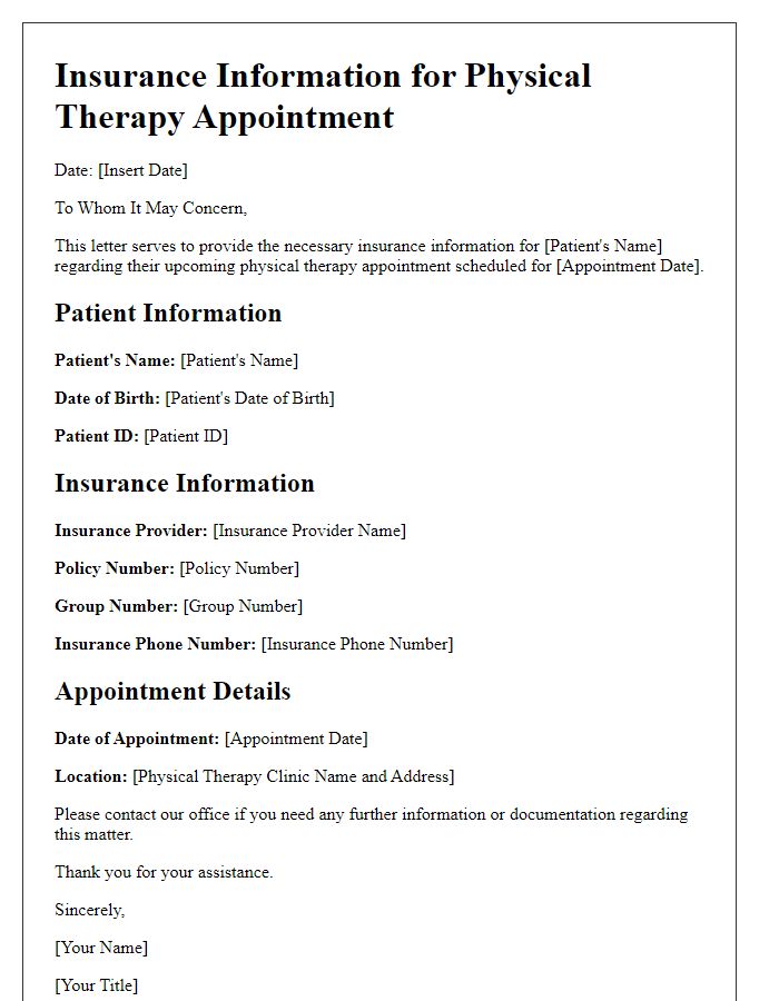 Letter template of insurance information for physical therapy appointment