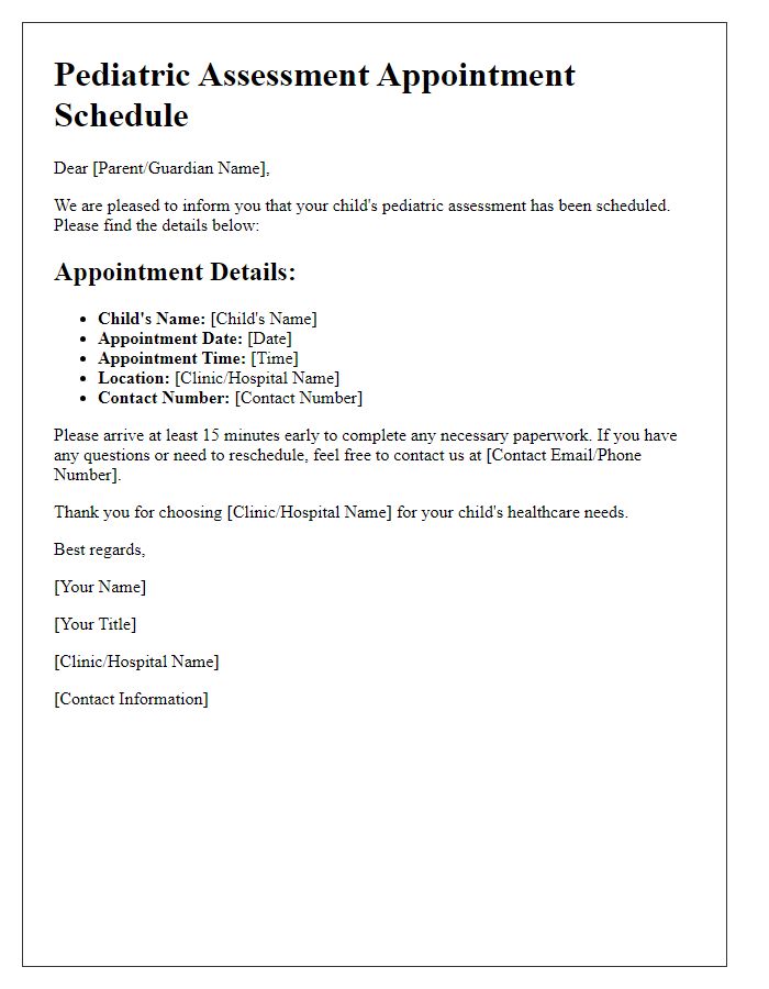 Letter template of pediatric assessment appointment schedule