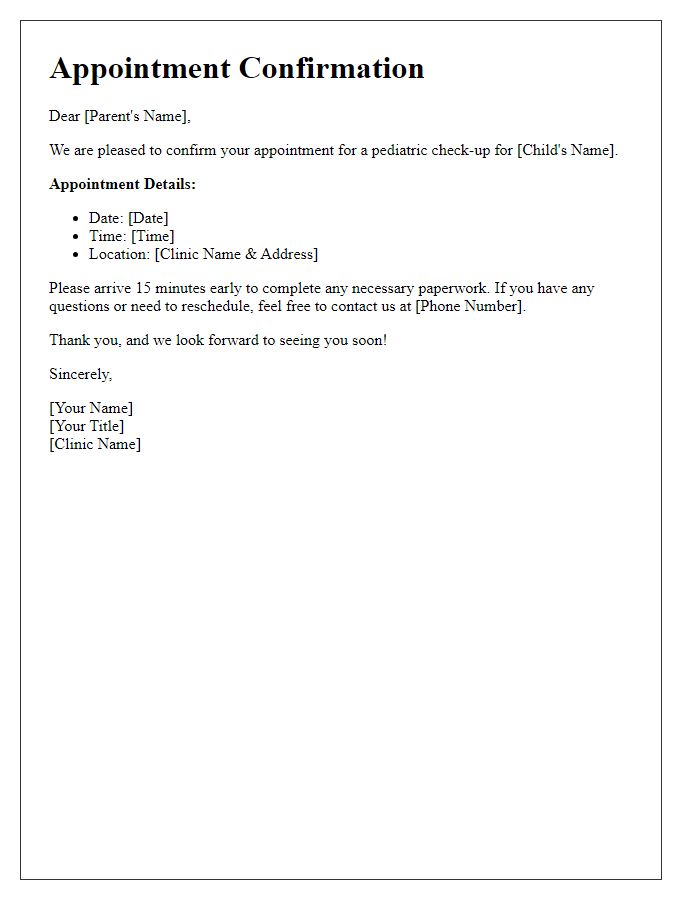 Letter template of pediatric check-up appointment confirmation