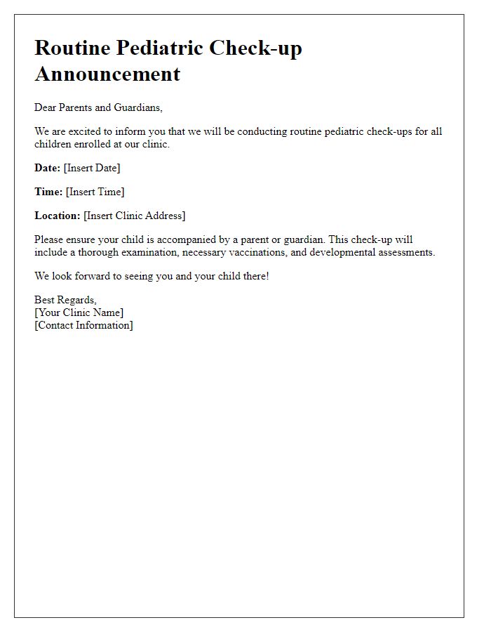 Letter template of pediatric routine check-up announcement