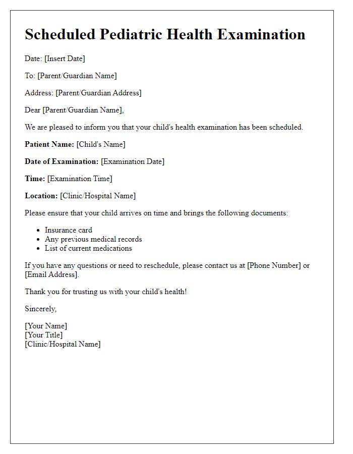 Letter template of scheduled pediatric health examination