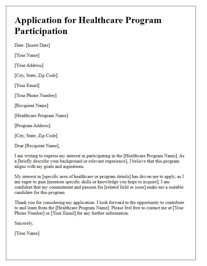 Letter template of application for healthcare program participation