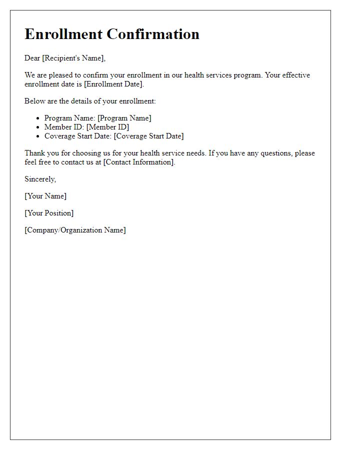 Letter template of enrollment confirmation for health services