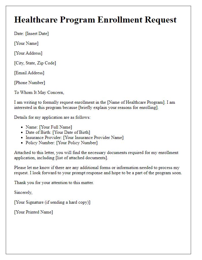 Letter template of healthcare program enrollment request