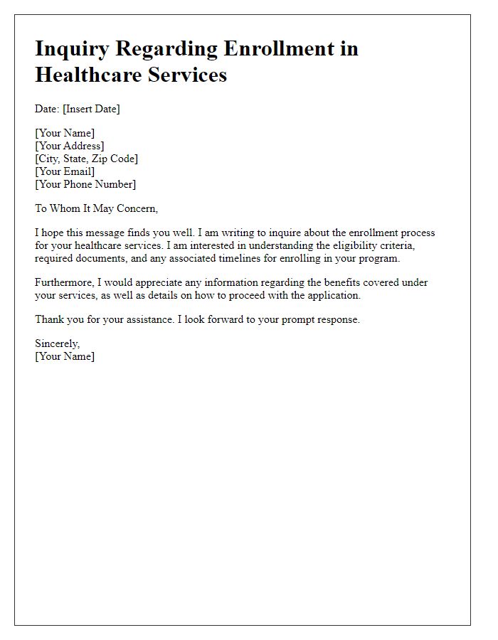 Letter template of healthcare service enrollment inquiry