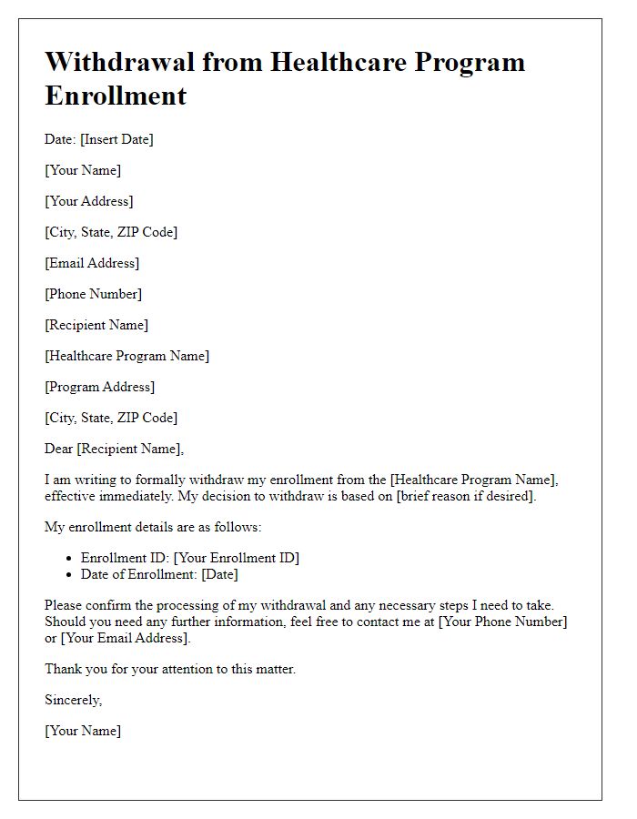 Letter template of withdrawal from healthcare program enrollment