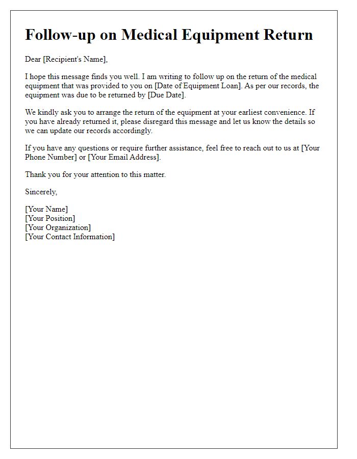 Letter template of follow-up on medical equipment return