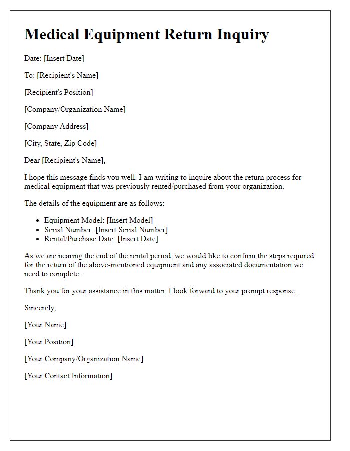 Letter template of medical equipment return inquiry