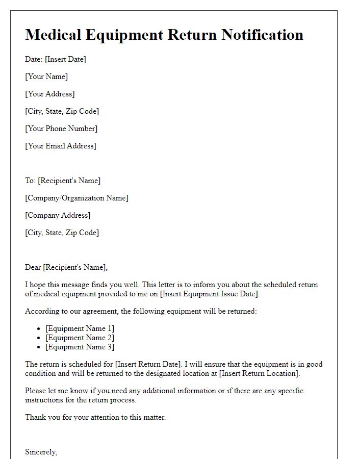 Letter template of scheduled medical equipment return