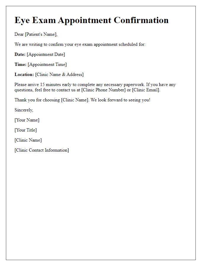 Letter template of confirmation for eye exam scheduling