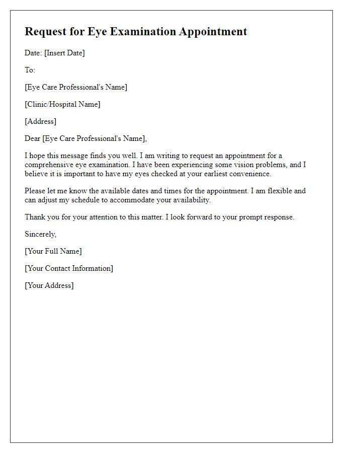 Letter template of request for eye examination appointment