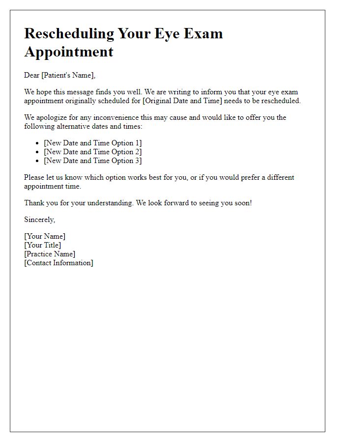 Letter template of rescheduling an eye exam appointment