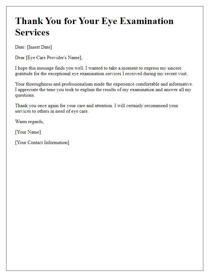 Letter template of thank you for eye examination services