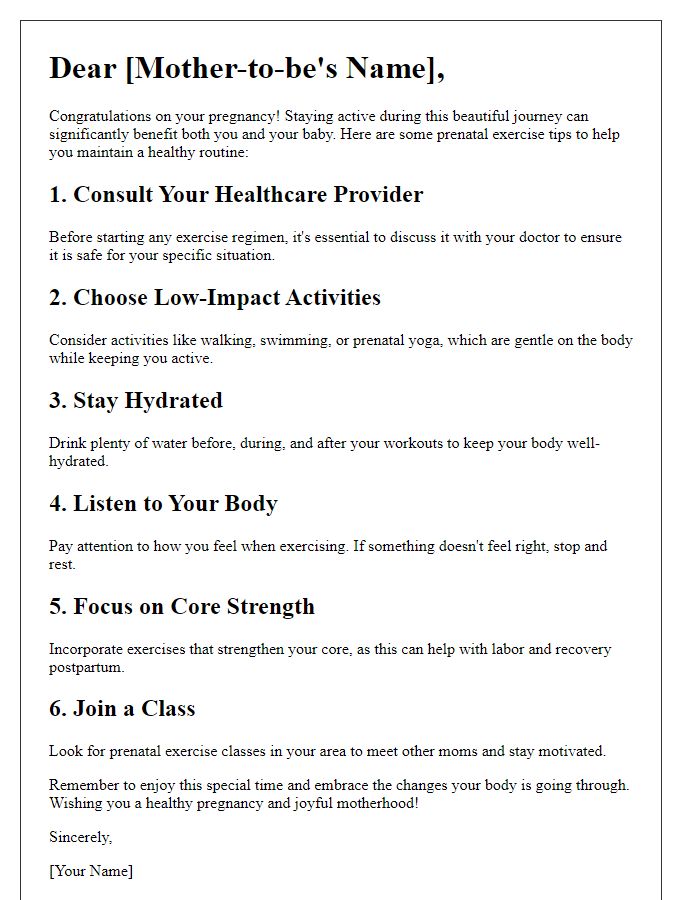 Letter template of prenatal exercise tips for active mothers-to-be.