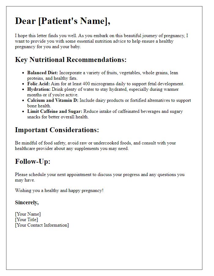 Letter template of prenatal nutrition advice for healthier pregnancies.