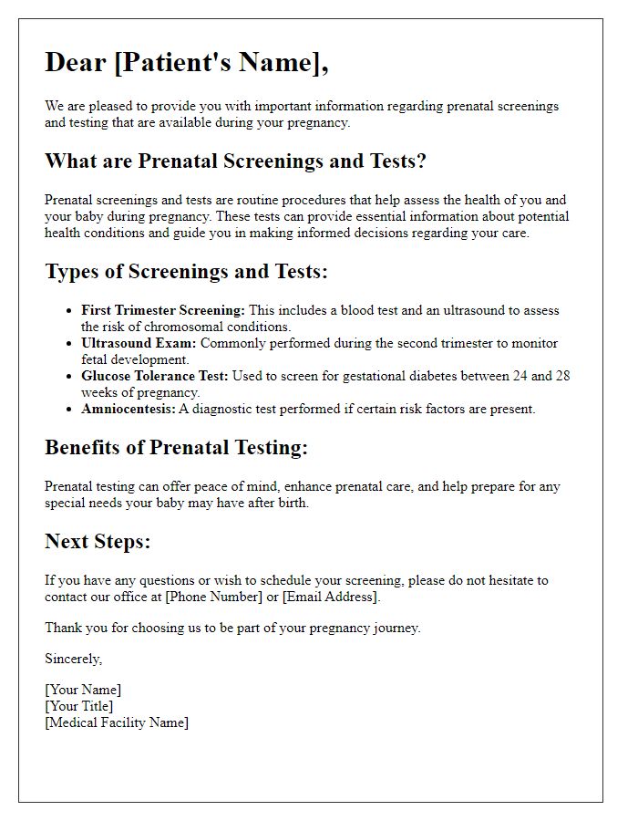 Letter template of prenatal screenings and testing information.